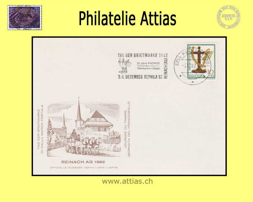 CH 1982 Stamp Day Reinach AG, card cancelled with machine flag 3.12.82 5734 Reinach (AG)