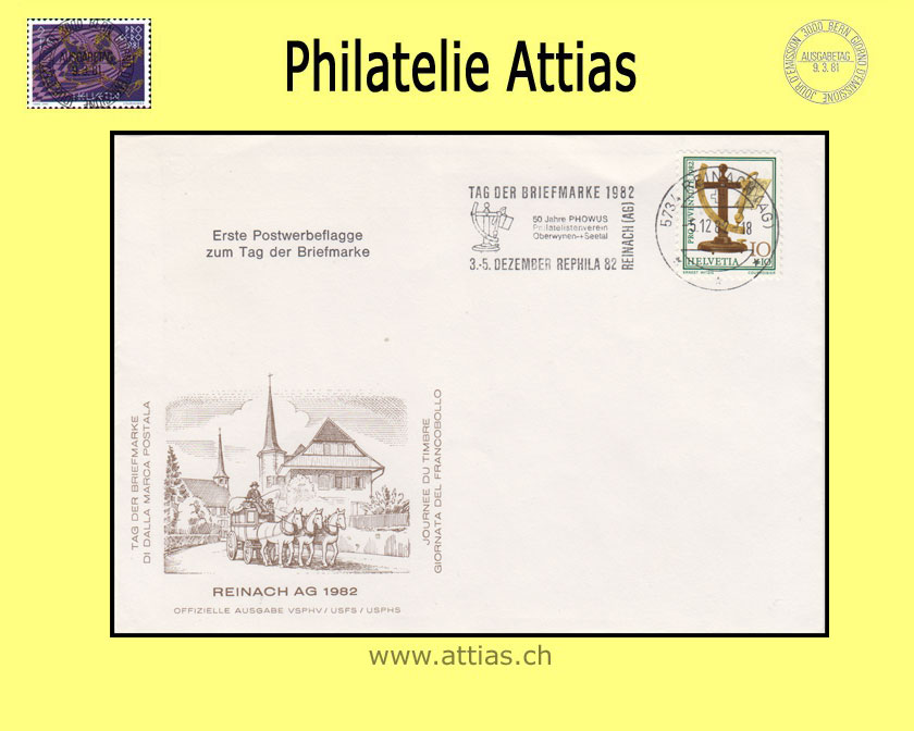 CH 1982 Stamp Day Reinach AG, cover cancelled with machine flag 3.12.82 5734 Reinach (AG) imprint Postwerbeflagge