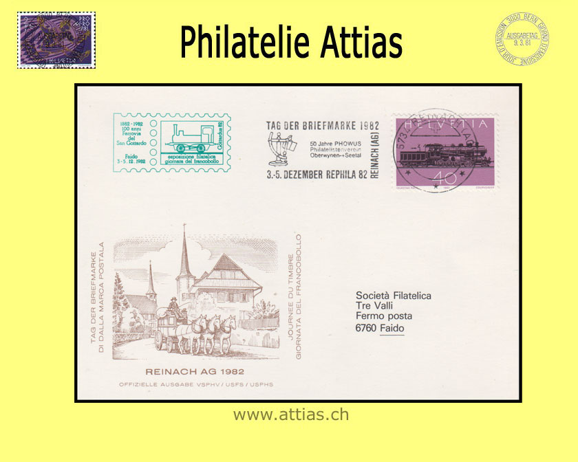 CH 1982 Stamp Day Reinach AG, card with imprint Gottardus green cancelled with machine flag 3.12.82 5734 Reinach (AG)