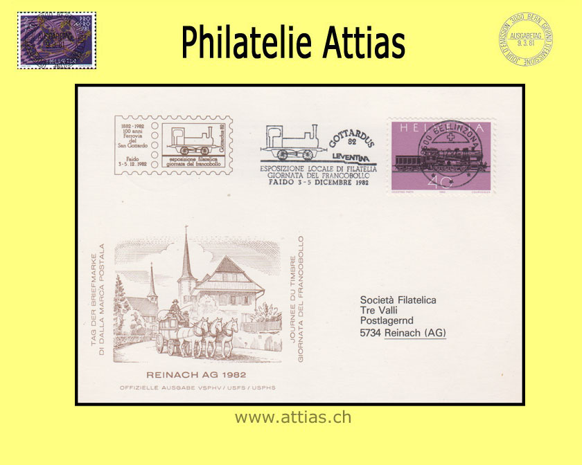 CH 1982 Stamp Day Reinach AG, card with imprint Gottardus brown cancelled with machine flag  3.12.82 6600 Bellinzona