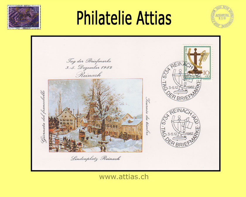 CH 1982 Stamp Day Reinach AG, society card Lindenplatz Reinach cancelled 3.-5.12.1982 5734 Reinach (AG)