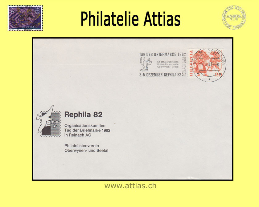 CH 1982 TdB Reinach AG, Vereins-Umschlag Rephila 82 gestempelt mit Maschinen-Flagge 1.10.82 5734 Reinach (AG)