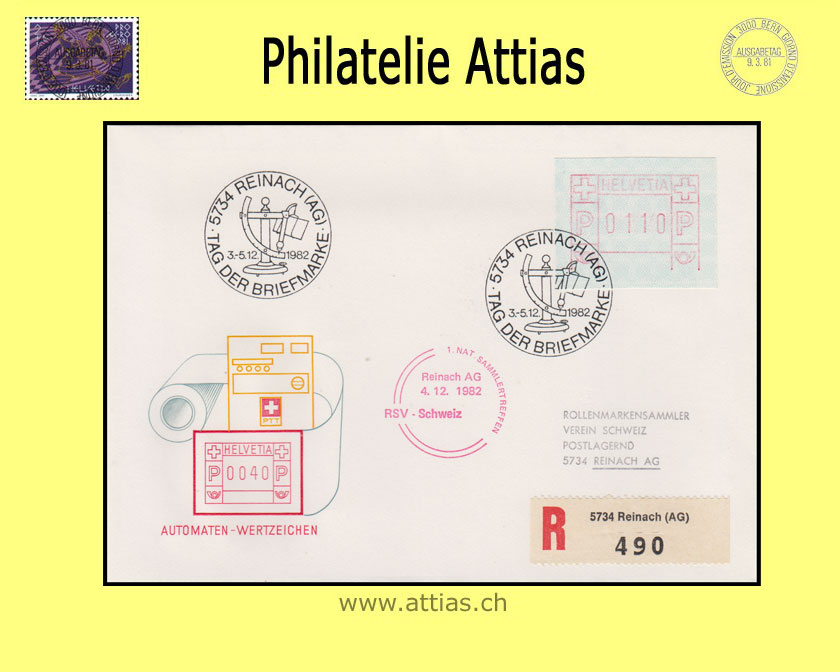 CH 1982 Stamp Day Reinach AG, society-cover RSV cancelled 3.-5.12.1982 5734 Reinach (AG) with ATM