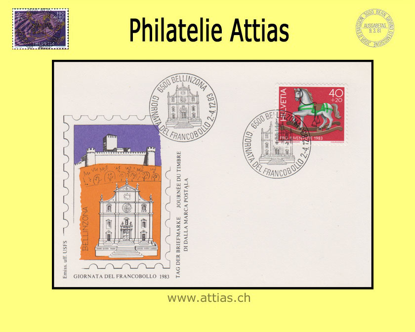 CH 1983 Stamp Day Bellinzona TI, card cancelled 2.-4.12.83 6500 Bellinzona