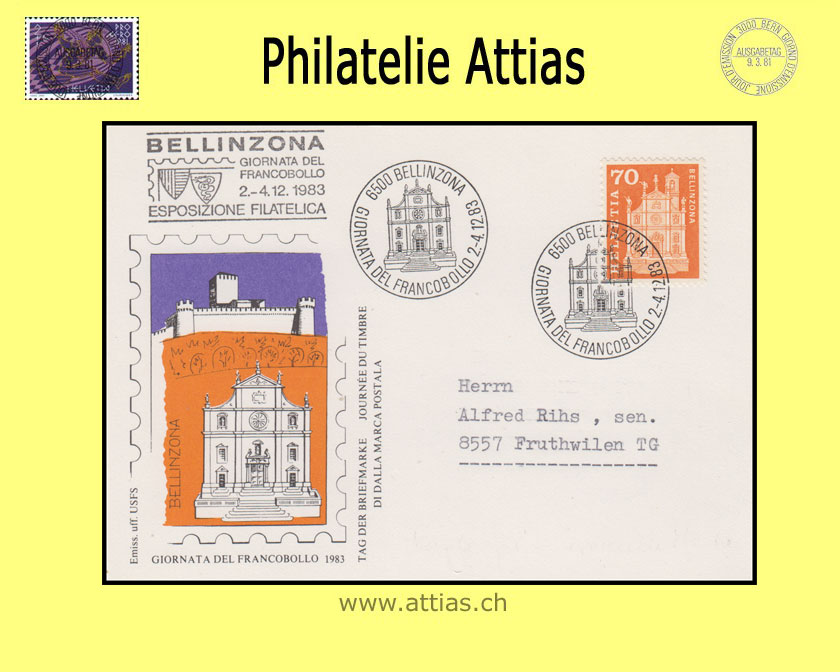 CH 1983 Stamp Day Bellinzona TI, card cancelled 2.-4.12.83 6500 Bellinzona with add-on cancellation