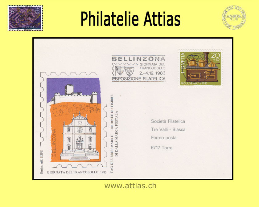 CH 1983 Stamp Day Bellinzona TI, card cancelled with machine flag 2.12.83 6600 Bellinzona