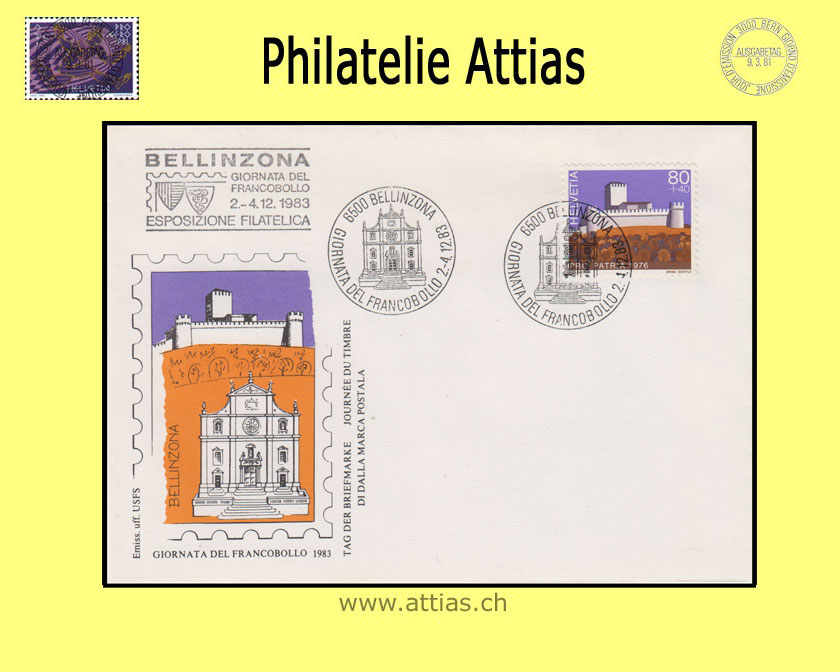 CH 1983 Stamp Day Bellinzona TI, cover cancelled 2.-4.12.83 6500 Bellinzona with add-on cancellation