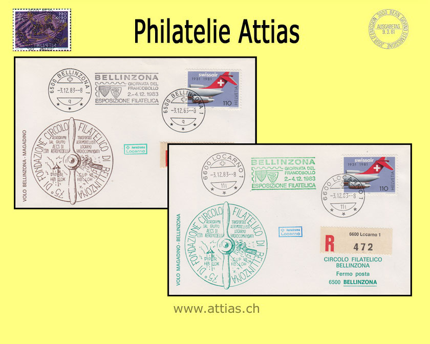 CH 1983 Stamp Day Bellinzona TI, society covers 2 flights cancelled 3.12.83 Bellinzona and Locarno with add-on cancellation