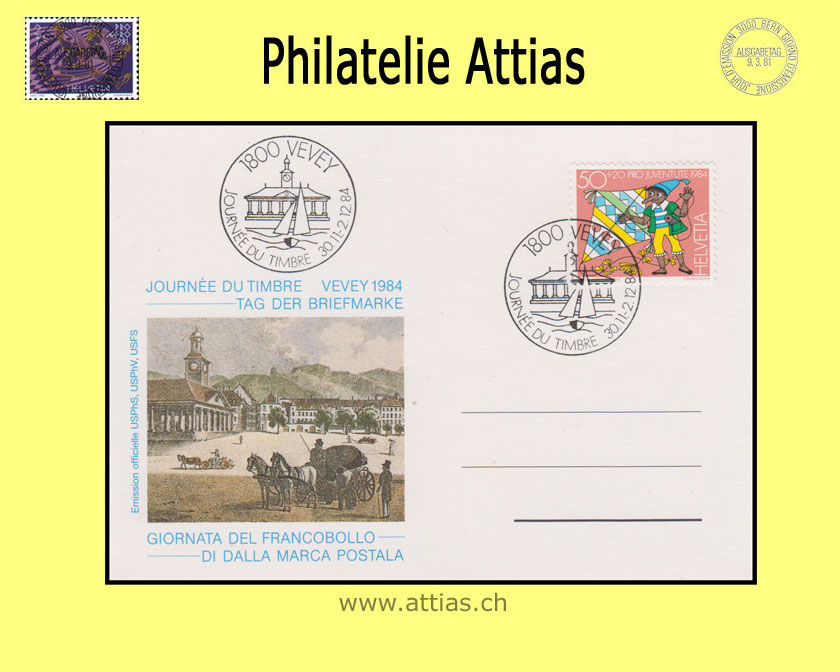 CH 1984 Stamp Day Vevey VD, card cancelled 30.11.-2.12.84 1800 Vevey