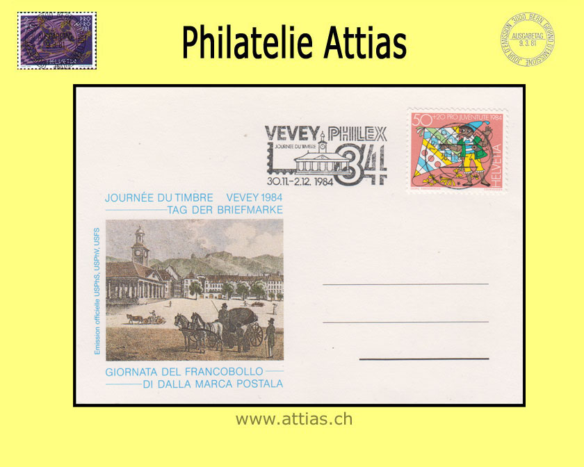 CH 1984 Stamp Day Vevey VD, card cancelled with machine flag 30.11.84 1800 Vevey