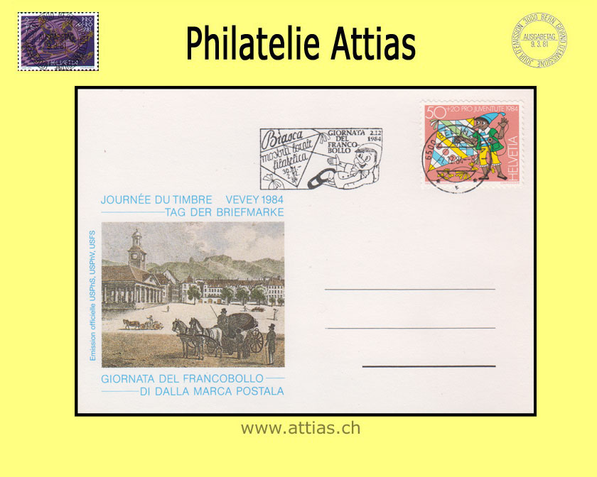 CH 1984 Stamp Day Vevey VD, card cancelled with machine flag 2.12.84 6500 Bellinzona