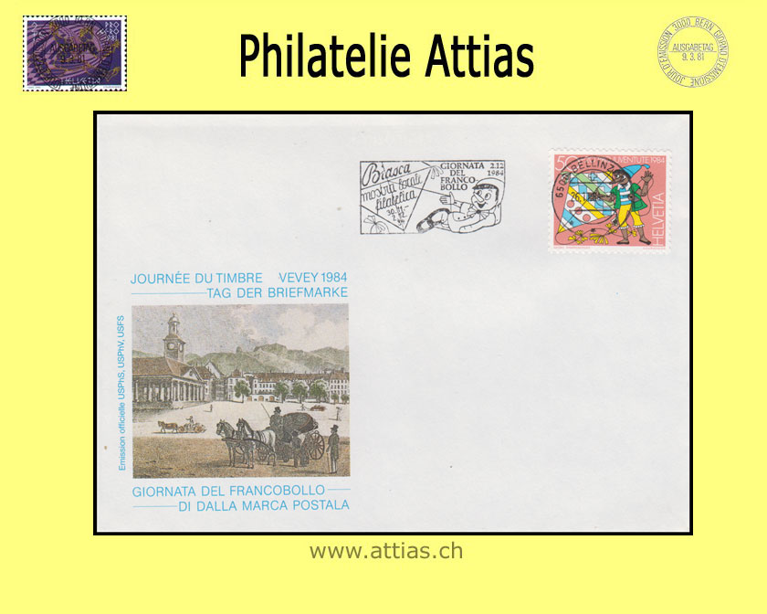 CH 1984 Stamp Day Vevey VD, cover cancelled with machine flag 2.12.84 6500 Bellinzona