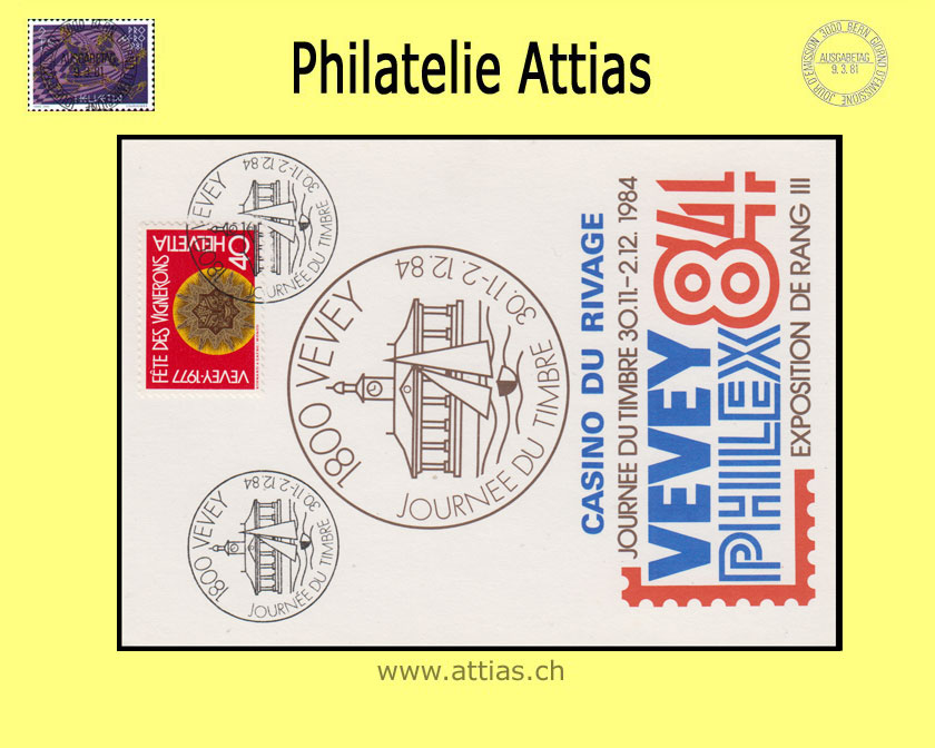 CH 1984 Stamp Day Vevey VD, society maximum card Casino du Rivage cancelled 30.11.-2.12.84 1800 Vevey
