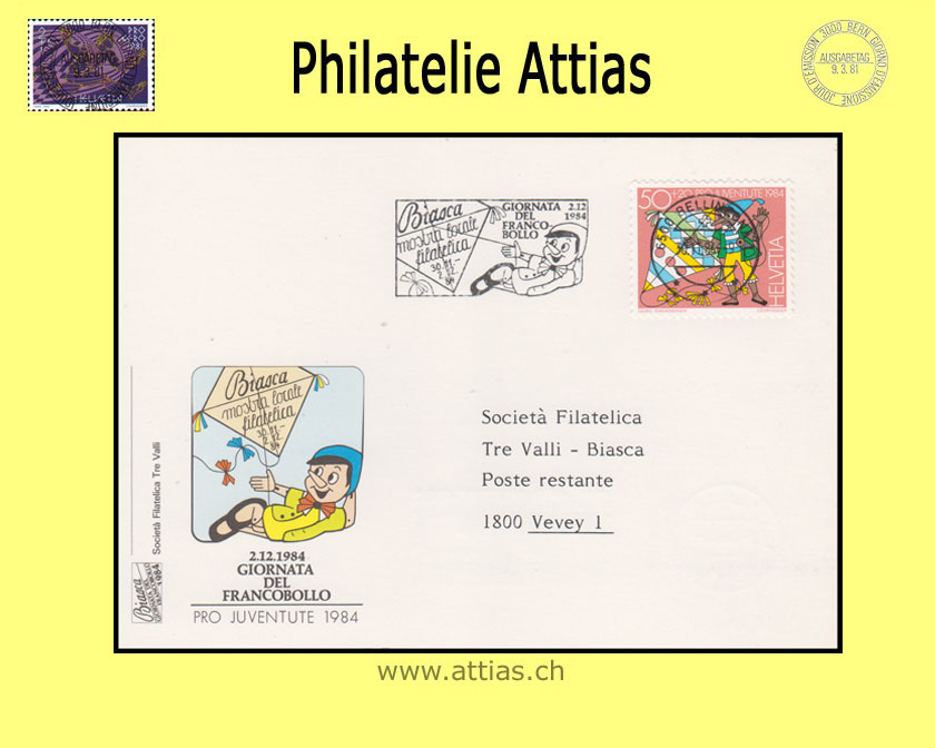 CH 1984 Stamp Day Vevey VD, society card cancelled with machine flag 30.11.84 6500 Bellinzona