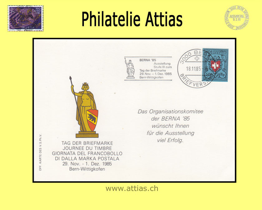 CH 1985 Stamp Day Bern BE, card imprint 'OK wünscht Berna Erfolg' cancelled with machine flag 18.11.85 3000 Bern