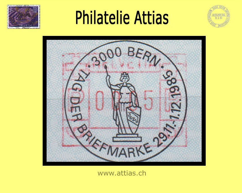 CH 1985 TdB Bern BE, Sonderstempel Tag der Briefmarke 1985 auf Automaten-Marke (ATM)