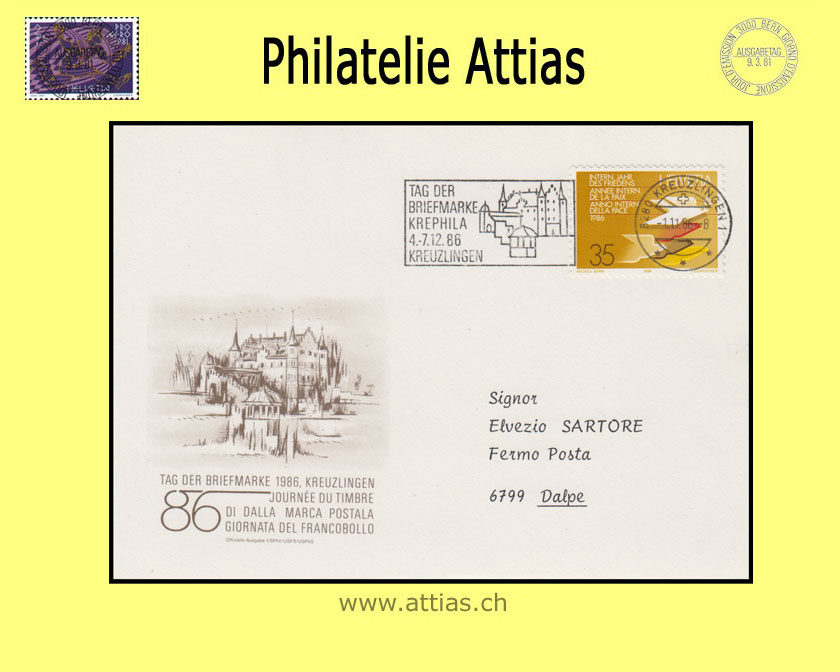 CH 1986 Stamp Day Kreuzlingen TG, card cancelled with machine flag 1.11.86 8280 Kreuzlingen