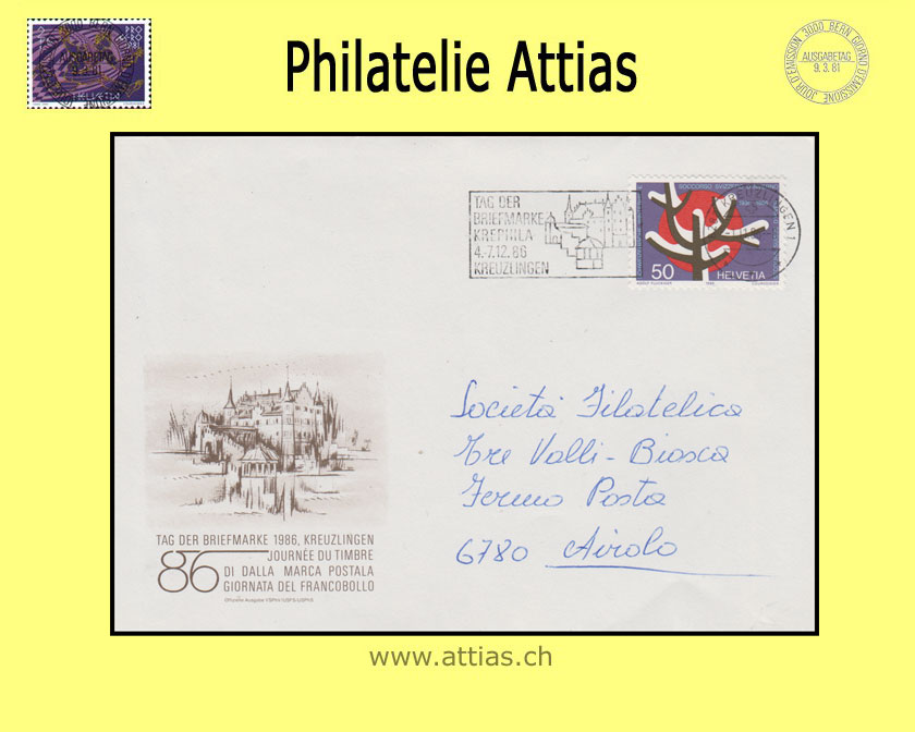 CH 1986 Stamp Day Kreuzlingen TG, cover cancelled with machine flag 1.11.86 8280 Kreuzlingen