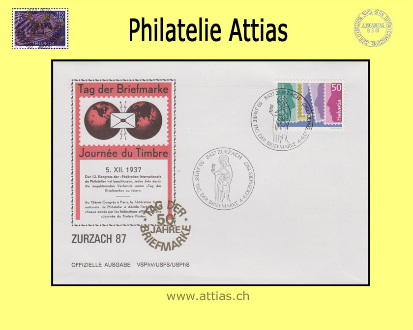 CH 1987 Stamp Day Zurzach AG, cover cancelled 4.-6.12.87 8437 Zurzach