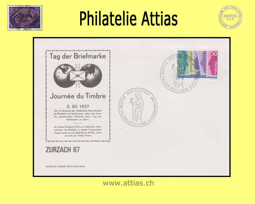 CH 1987 Stamp Day Zurzach AG, cover cancelled 4.-6.12.87 8437 Zurzach, print test black