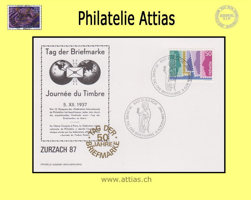 CH 1987 Stamp Day Zurzach AG, card cancelled 4.-6.12.87 8437 Zurzach, print test black-gold