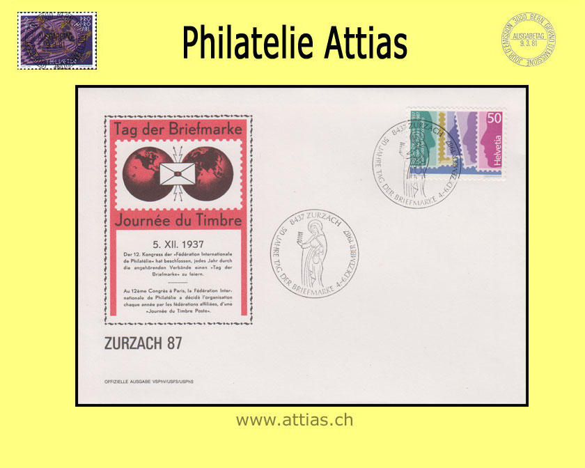 CH 1987 Stamp Day Zurzach AG, cover cancelled 4.-6.12.87 8437 Zurzach, print test black-red