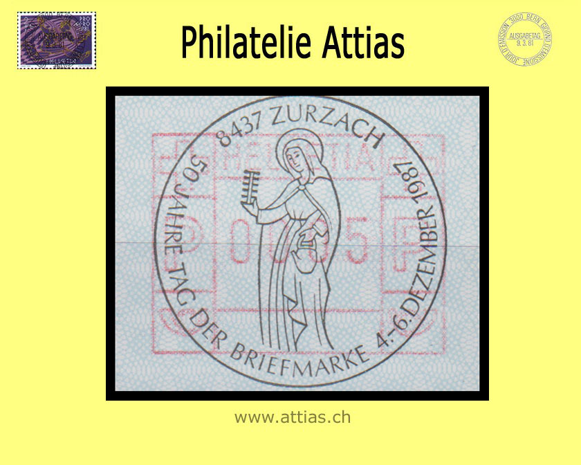 CH 1987 Stamp Day Zurzach AG, Special cancellation Tag der Briefmarke 1987 on Frama stamp (ATM)