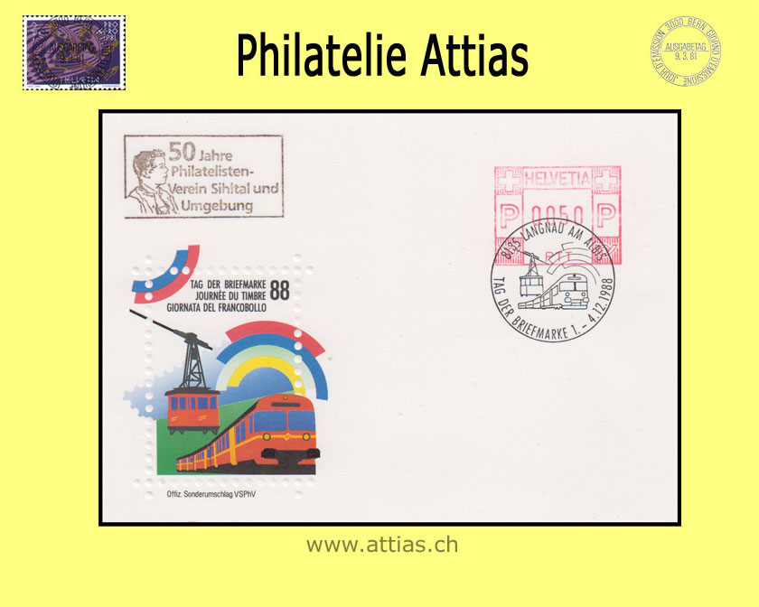 CH 1988 Stamp Day Langnau am Albis ZH, card cancelled 1.-4.12.1988 8135 Langnau am Albis and add-on cancellation