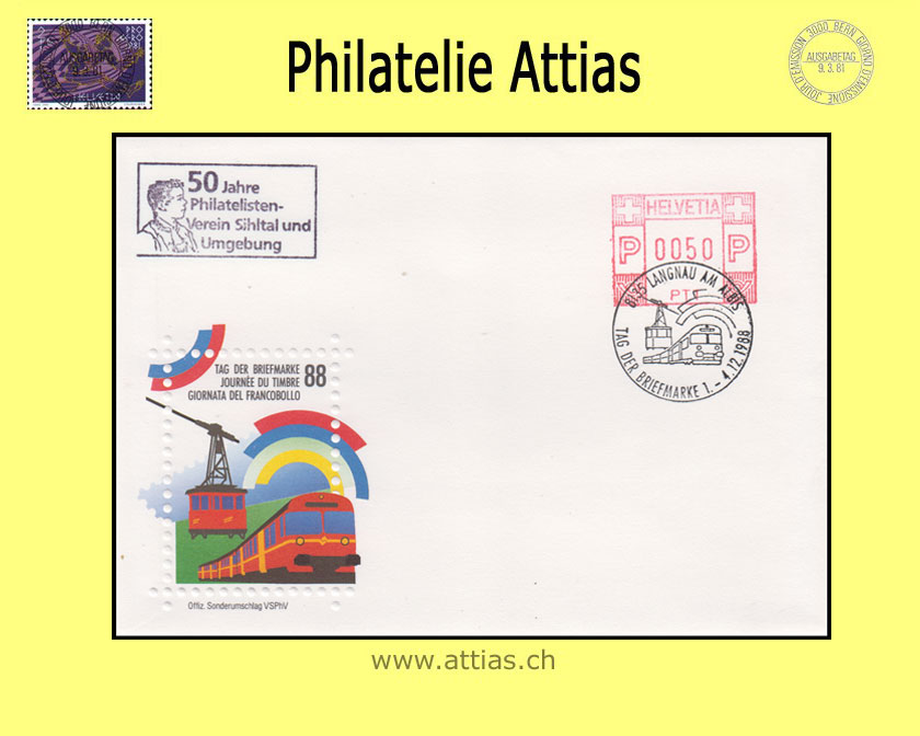 CH 1988 Stamp Day Langnau am Albis ZH, cover cancelled 1.-4.12.1988 8135 Langnau am Albis and add-on cancellation