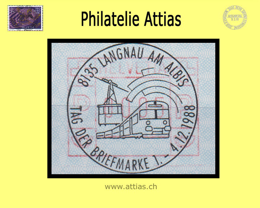 CH 1988 TdB Langnau am Albis ZH, Sonderstempel Tag der Briefmarke 1988 auf Automaten-Marke (ATM)