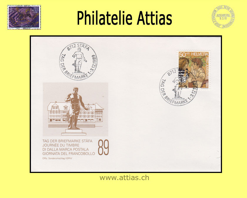 CH 1989 Stamp Day Stäfa ZH, cover cancelled 1.-3.12.1989 8712 Stäfa
