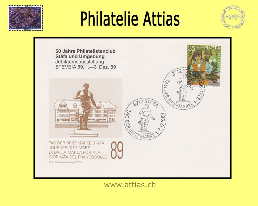 CH 1989 Stamp Day Stäfa ZH, card with imprint 50 J. Phil. Stäfa cancelled  1.-3.12.1989 8712 Stäfa