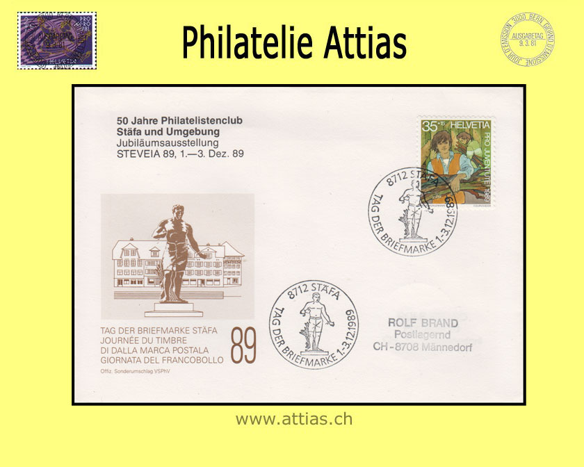 CH 1989 Stamp Day Stäfa ZH, cover with imprint 50 J. Phil. Stäfa cancelled  1.-3.12.1989 8712 Stäfa
