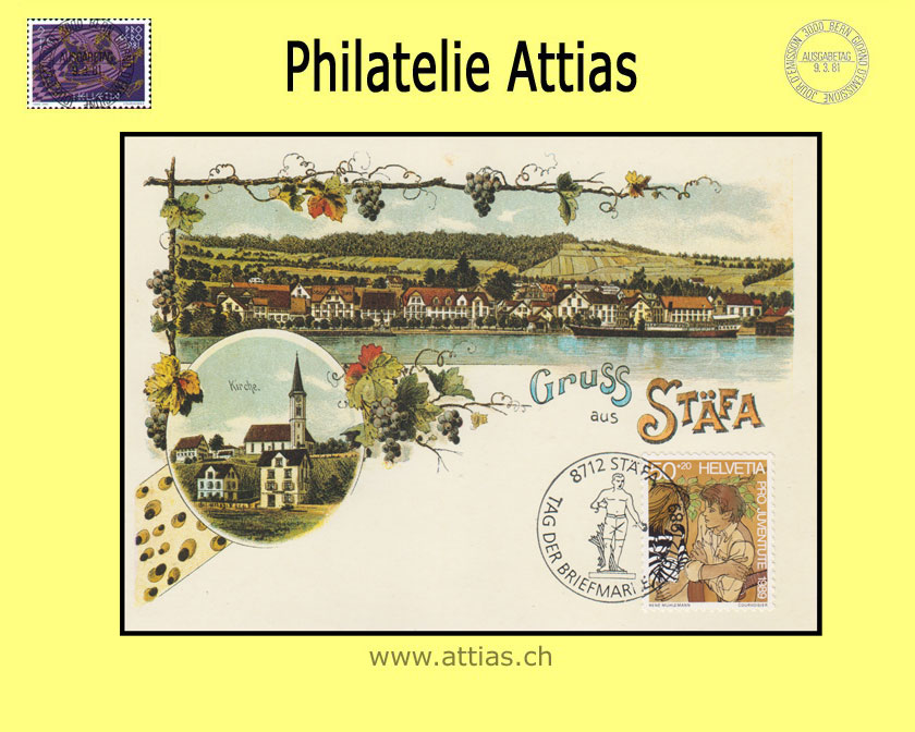 CH 1989 Stamp Day Stäfa ZH, societey card Gruss aus Stäfa cancelled  1.-3.12.1989 8712 Stäfa