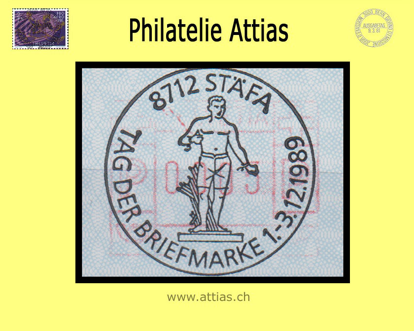 CH 1989 TdB Stäfa ZH, Sonderstempel Tag der Briefmarke 1989 auf Automaten-Marke (ATM)