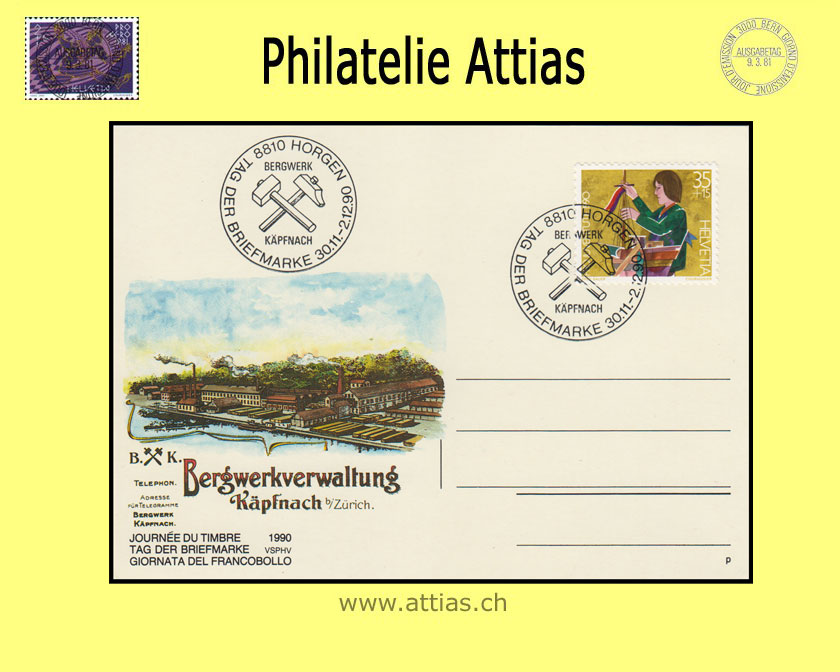 CH 1990 Stamp Day Horgen ZH, card cancelled 30.11.-2.12.90 8810 Horgen