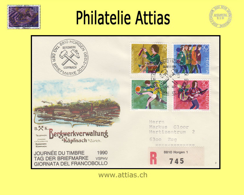 CH 1990 Stamp Day Horgen ZH, cover cancelled 30.11.-2.12.90 8810 Horgen with PJ set