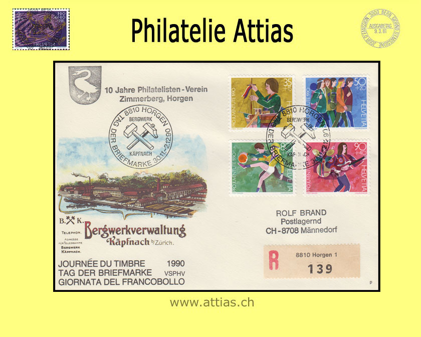 CH 1990 Stamp Day Horgen ZH, cover cancelled 30.11.-2.12.90 8810 Horgen with PJ set with add-on cancellation Zimmerberg
