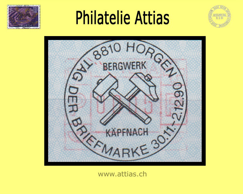 CH 1990 TdB Horgen ZH, Sonderstempel Tag der Briefmarke 1990 auf Automaten-Marke (ATM)