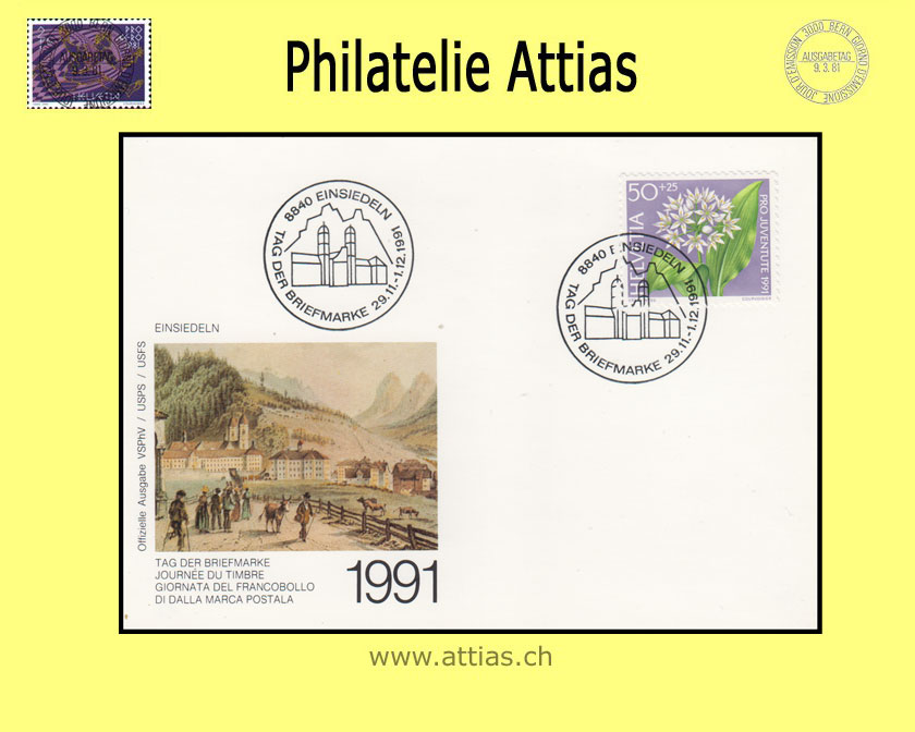 CH 1991 Stamp Day Einsiedeln SZ,  card cancelled 29.11.-1.12.1991 8840 Einsiedeln