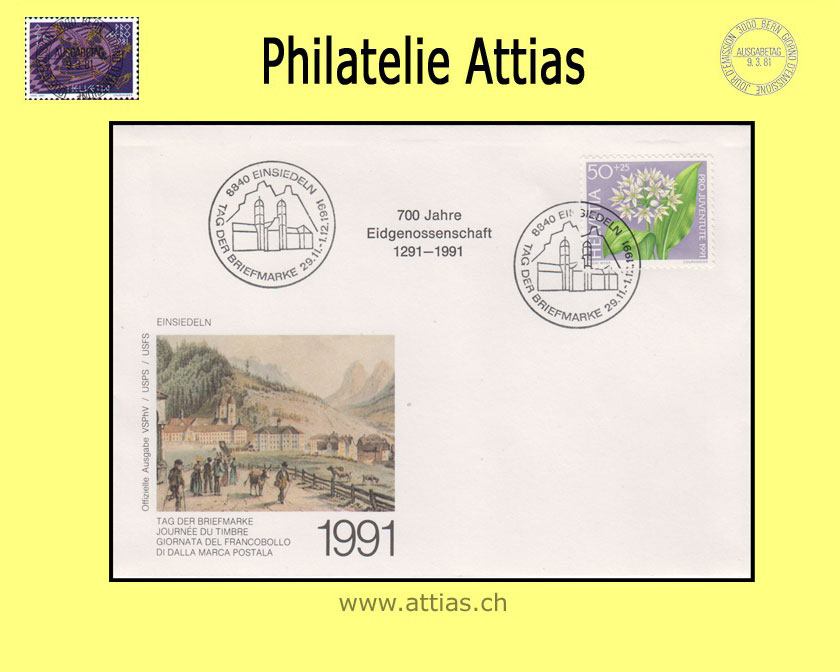 CH 1991 Stamp Day Einsiedeln SZ,  cover with imprint 700 Jahre Eidgenossenschaft cancelled 29.11.-1.12.1991 8840 Einsiedeln