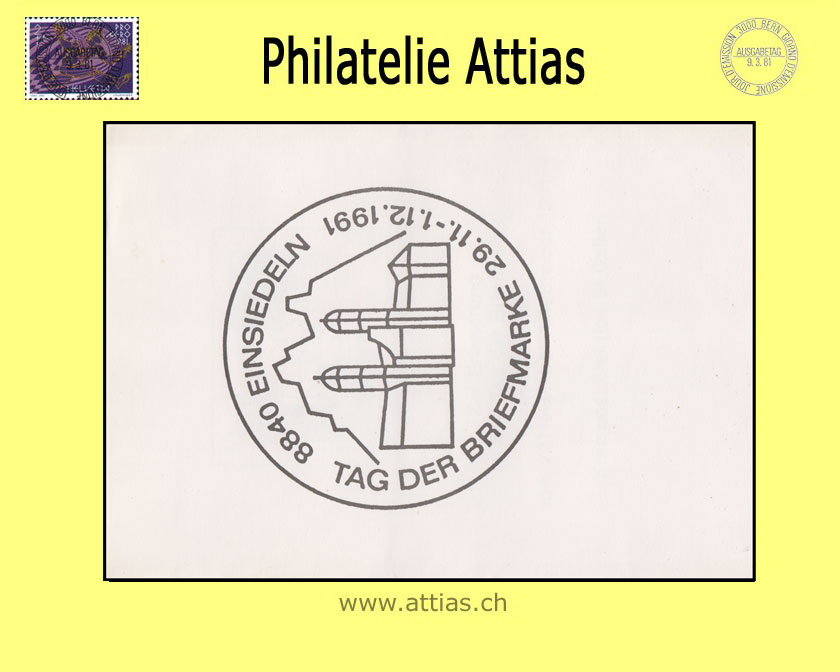 CH 1991 Stamp Day Einsiedeln SZ, Folder (A5) with imprint Kreispostdirektion cancelled 29.11.-1.12.1991 8840 Einsiedeln