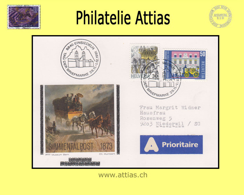 CH 1991 Stamp Day Einsiedeln SZ,  card cancelled 29.11.-1.12.1991 8840 Einsiedeln use up card from 1978
