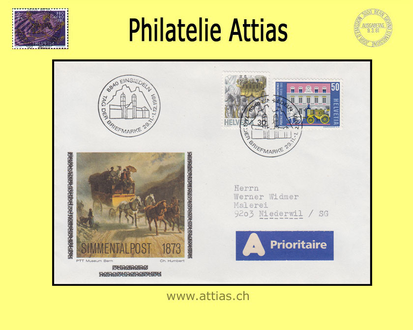 CH 1991 Stamp Day Einsiedeln SZ, cover cancelled 29.11.-1.12.1991 8840 Einsiedeln use up card from 1978