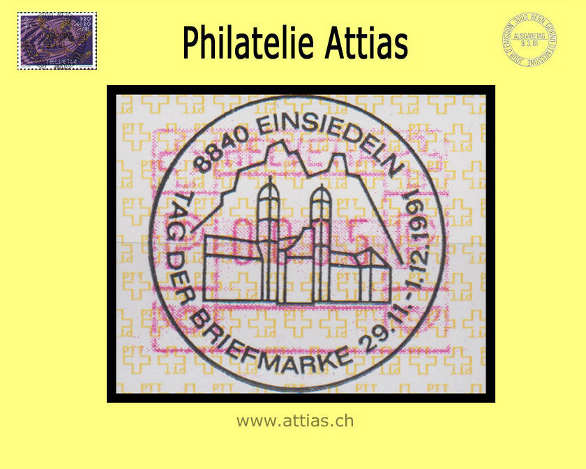 CH 1991 TdB Einsiedeln SZ, Sonderstempel Tag der Briefmarke 1991 auf Automaten-Marke (ATM)