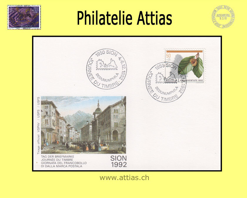 CH 1992 Stamp Day Sion VS, card cancelled 4.-6.12.1992 1950 Sion