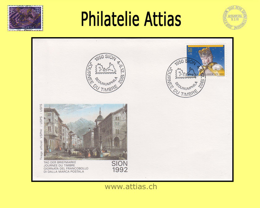 CH 1992 Stamp Day Sion VS, cover cancelled 4.-6.12.1992 1950 Sion