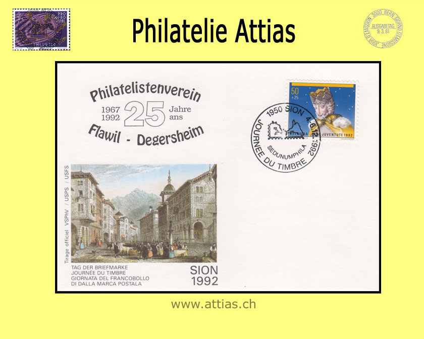 CH 1992 Stamp Day Sion VS, card imprint 25 J Phil. Flawil cancelled 4.-6.12.1992 1950 Sion