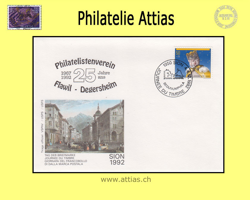 CH 1992 Stamp Day Sion VS, cover imprint 25 J Phil. Flawil cancelled 4.-6.12.1992 1950 Sion