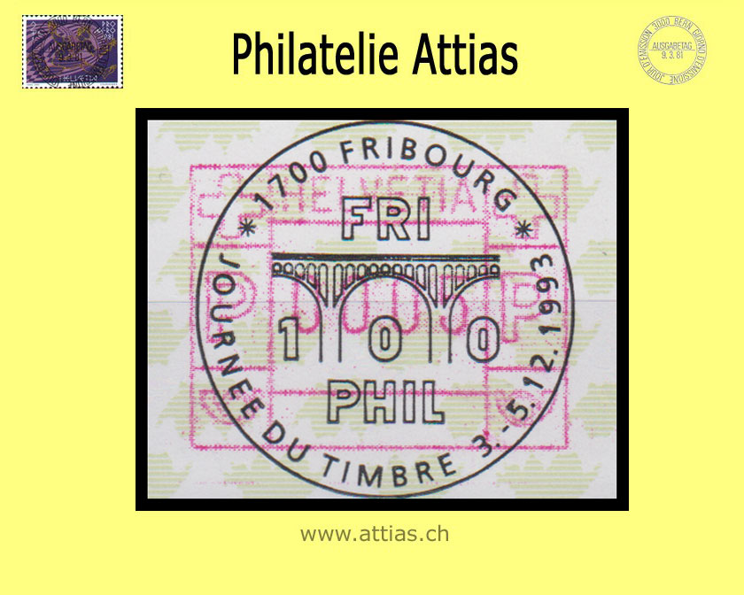 CH 1993 TdB Fribourg FR, Sonderstempel Journée du Timbre 1993 auf Automaten-Marke (ATM)